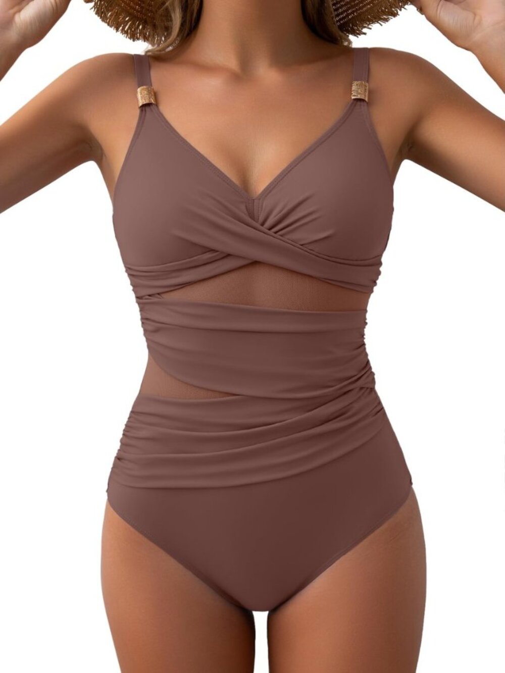 Women's Mesh One Piece Swimsuits Tummy Control V Neck Bathing Suit Sexy Push Up